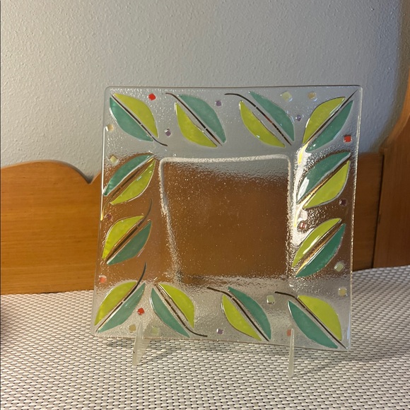 Fused Glass Art Plate Set of 2 Leaf Motif - Picture 1 of 4